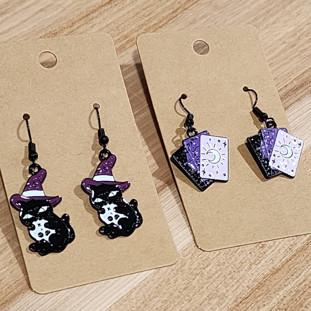 Handmade Set Of Witch Cat With Skull and Tarot Card Earrings